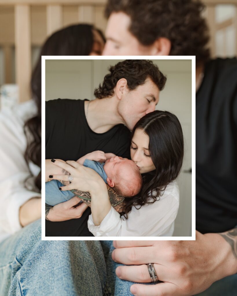 collage with featured image of two 2 parents holding their baby. dad is kissing mom's head, mom is kissing baby's head