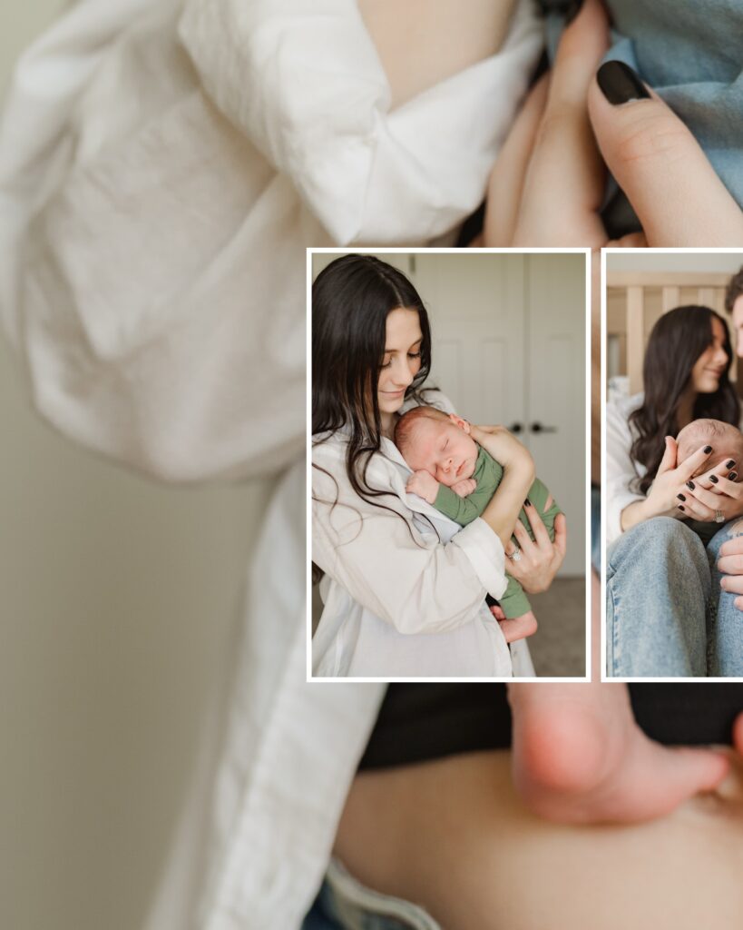 collage half, with 3 featured images. all of parent's snuggling a newborn baby boy