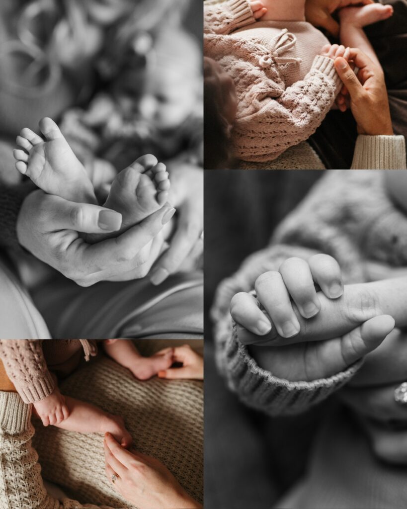 a collage of images (four). top left is mom's hand holding daughter's feet so we see the bottom of the baby's feet. top right is daughter's hand wrapped around dad's finger (from above). bottom left image is mom's hands holding both of the daughter's feet between her thumb and fingers.  bottom right image is a close up of baby's fingers wrapped tightly around mom's pointer finger. 