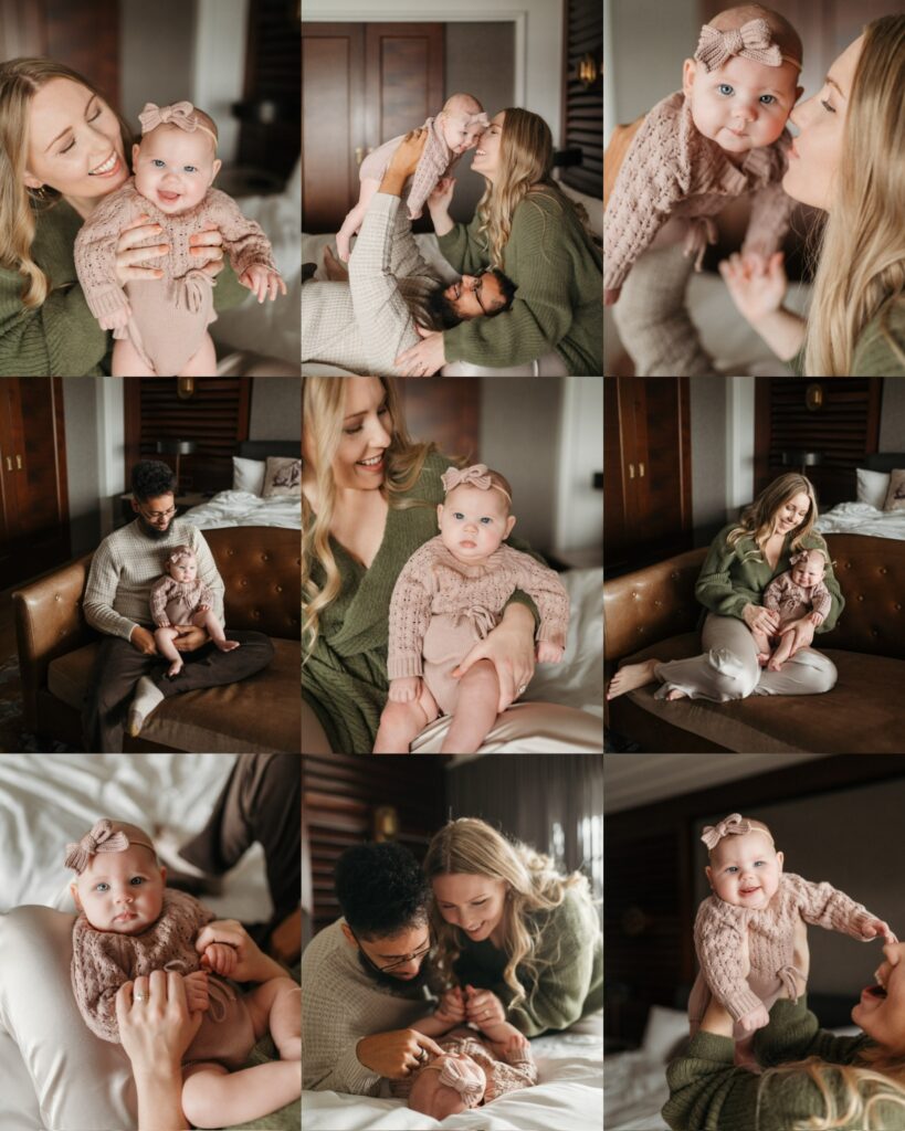 a collage of nine images, each one showcasing a different smiling or snuggling moment between baby and her parents. i have some close ups and pullbacks, all different but cohesive for the style of the session