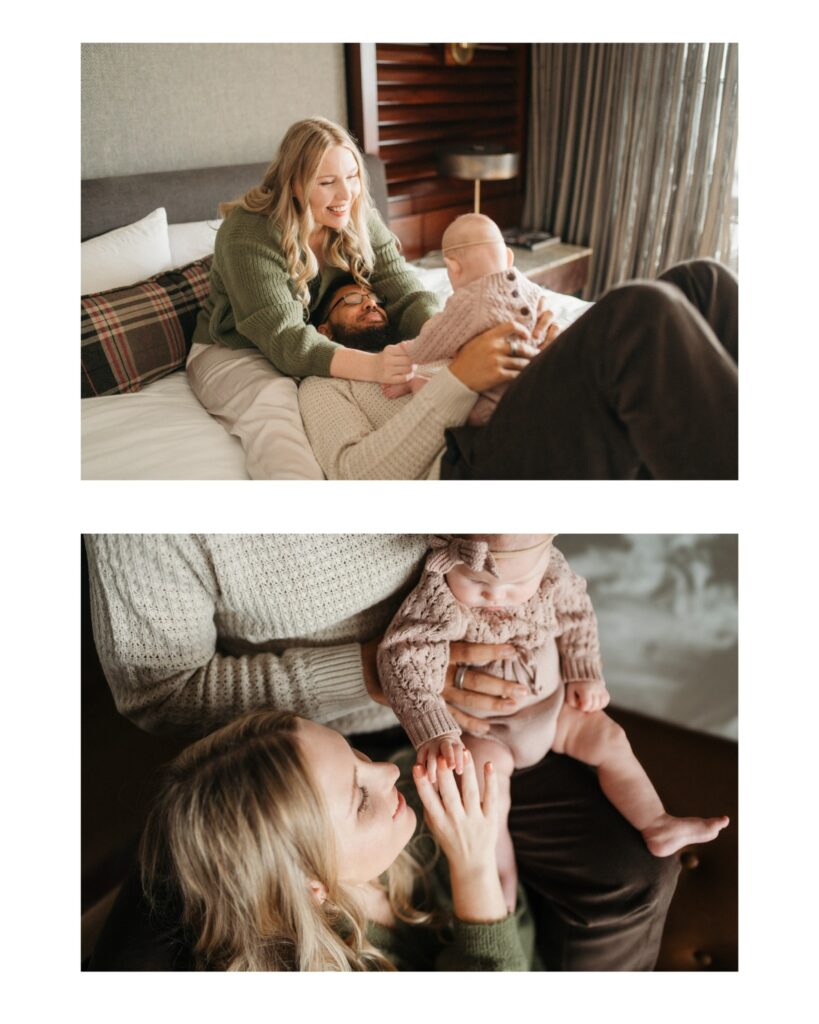 collage of two photos, top photo is parents holding their daughter in a bed making her laugh, daughter's back is turned to me while they bounce her on dad's belly. bottom image has dad sitting on the arm of a couch, mom is sitting on the couch, baby is propped on dad's leg. mom is holding the baby's hand, and the perspective is top down.