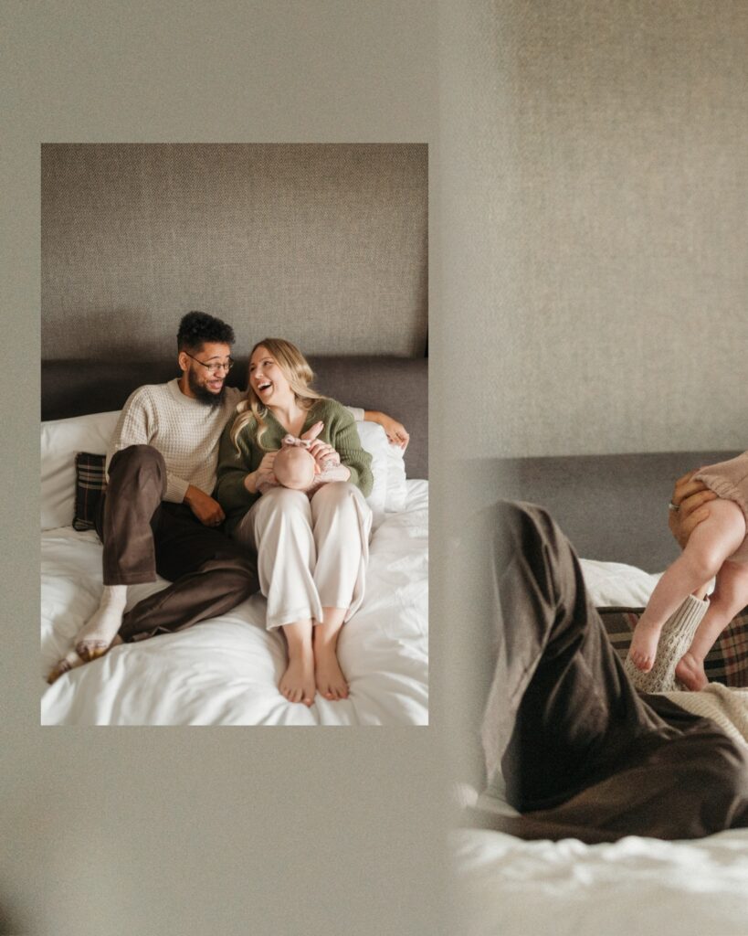 image overlaid on top of another image, the primary image is 2 parents on a bed laughing with one another while their daughter is being held in mom's lap