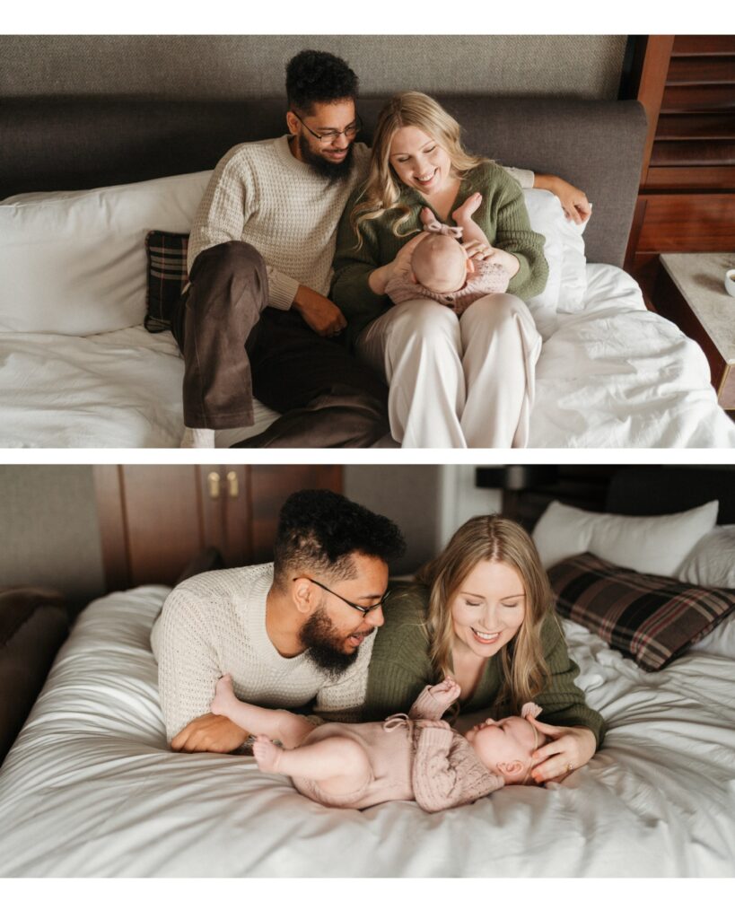 collage of 2 images, top image features parents sitting on a bed with their feet in front of them, holding their daughter and smilng at her. the bottom image has the parents lying on their bellies, with their daughter in front of them. mom is holding the daughter's head and dad has his arms propping himself up in front of her. 