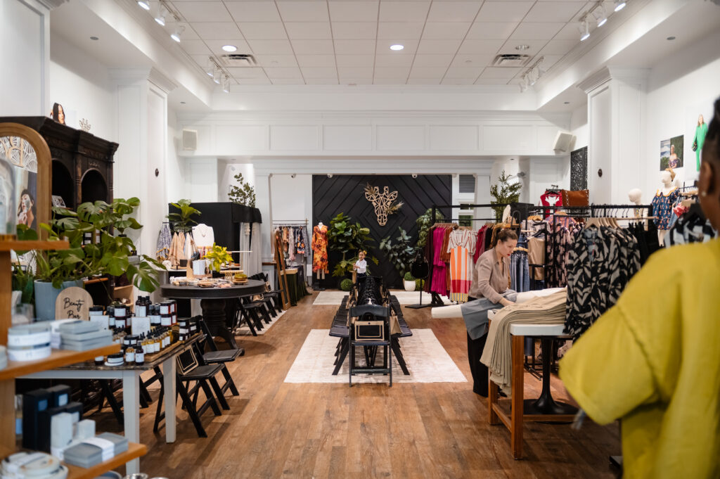 Wide interior view of Bohemian Black boutique at Annapolis Town Center set up for the Hello Spring fashion show